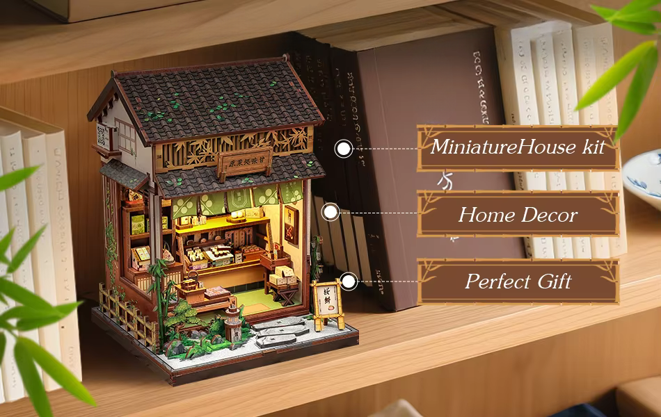 DIY mini house kit “Japanese Sweets Store,” featuring a traditional candy and wagashi shop with miniature desserts, wooden shelves, hanging banners, and tiny gift boxes. A detailed DIY and crafts project perfect for fans of Japanese culture and making miniatures.