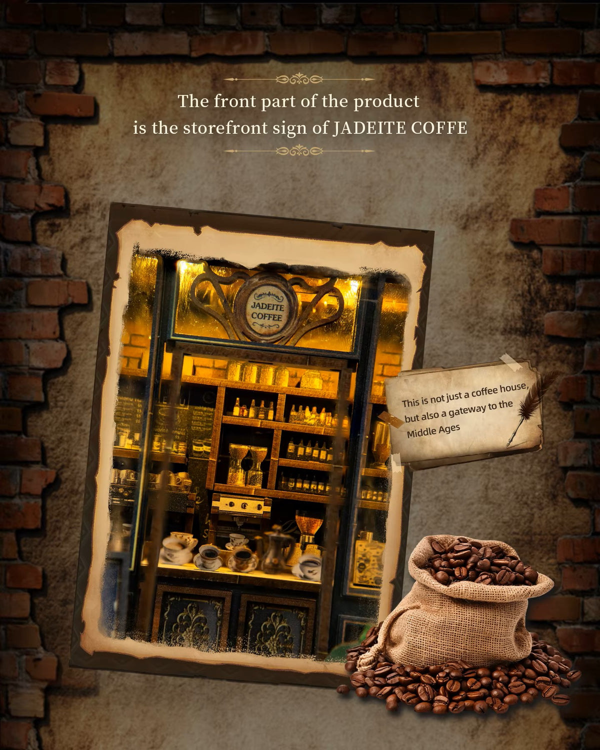 Miniature DIY book nook of a dark vintage-style café with glowing warm lights, ornate black storefront, and a coffee sign that reads “Jadeite Coffee.”