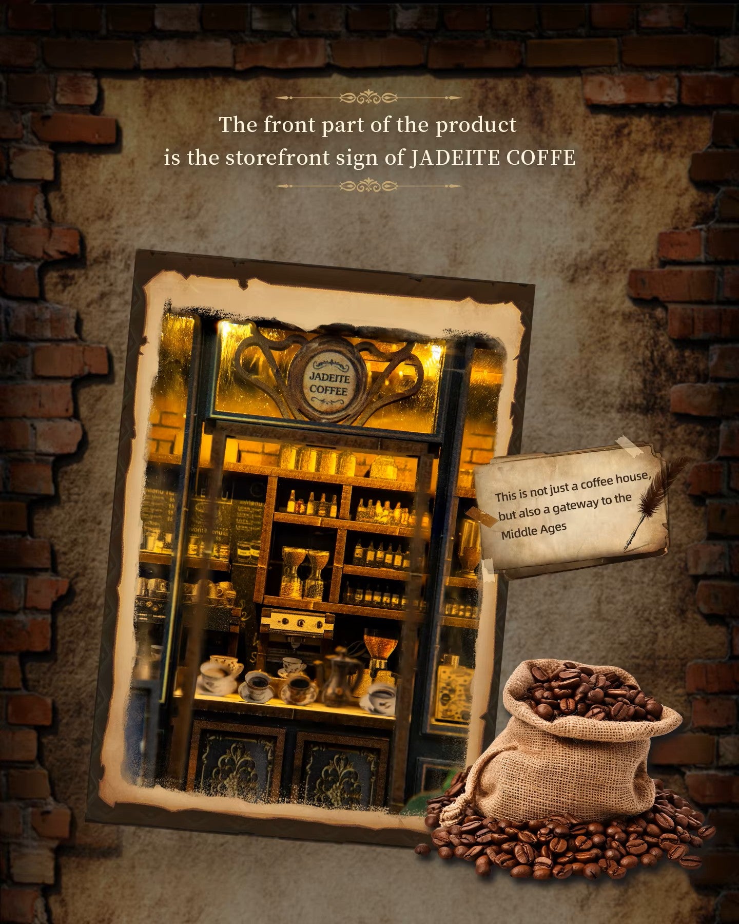 Miniature DIY book nook of a dark vintage-style café with glowing warm lights, ornate black storefront, and a coffee sign that reads “Jadeite Coffee.”