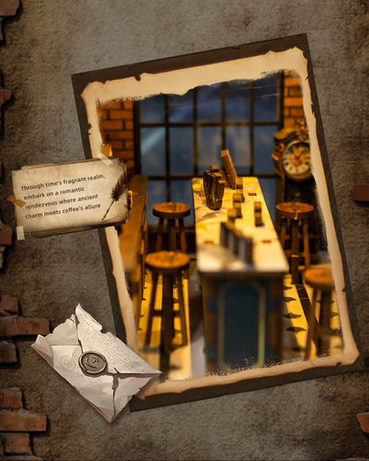 Miniature DIY book nook of a dark vintage-style café with glowing warm lights, ornate black storefront, and a coffee sign that reads “Jadeite Coffee.”