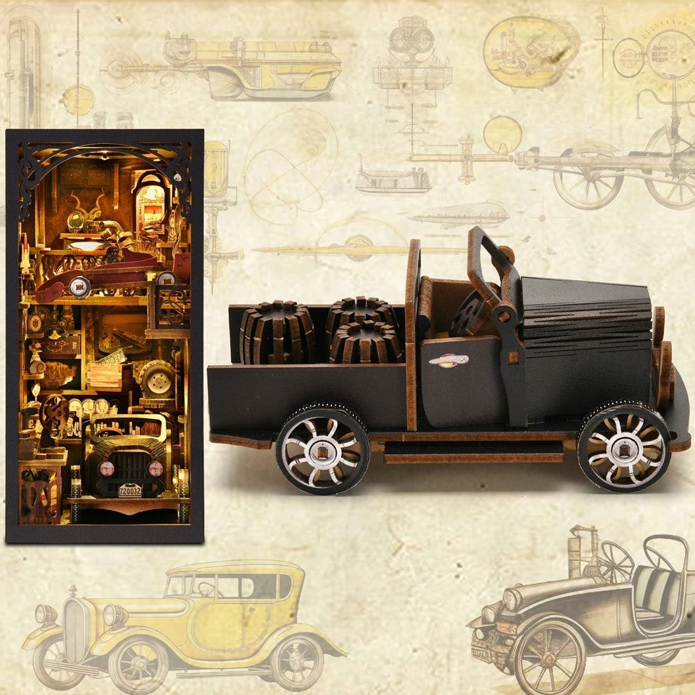 DIY vintage car book nook kit with a miniature retro scene, ideal for DIY and crafts lovers, scale‑model builders, and fans of making miniatures.