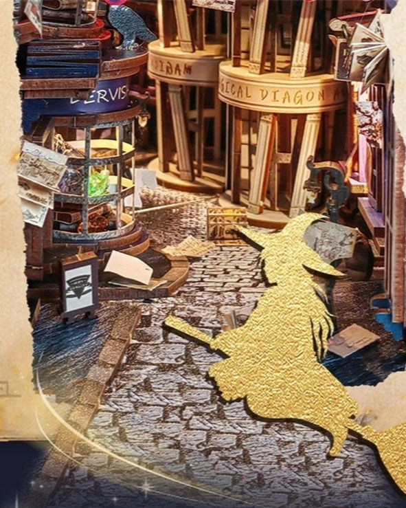DIY Magic Night Alley book nook kit styled like a wizard’s alley, featuring magical props and glowing details — perfect for DIY and crafts, making miniatures, and book-lover gifts.