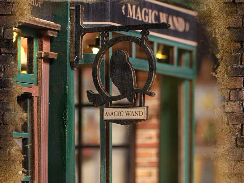 DIY miniature magic shop kit with tiny potions, spell books, glowing lights, and detailed scale model decor — perfect for miniature collectors, DIY crafts, and small DIY house lovers.