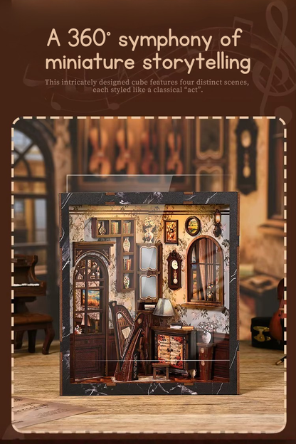 DIY miniature house with four connected scenes: a Victorian-style lounge, a hallway with a harp and bell, a floral piano practice room, and a richly decorated violin performance stage—each side forming a corner of a cube-shaped music-themed diorama.