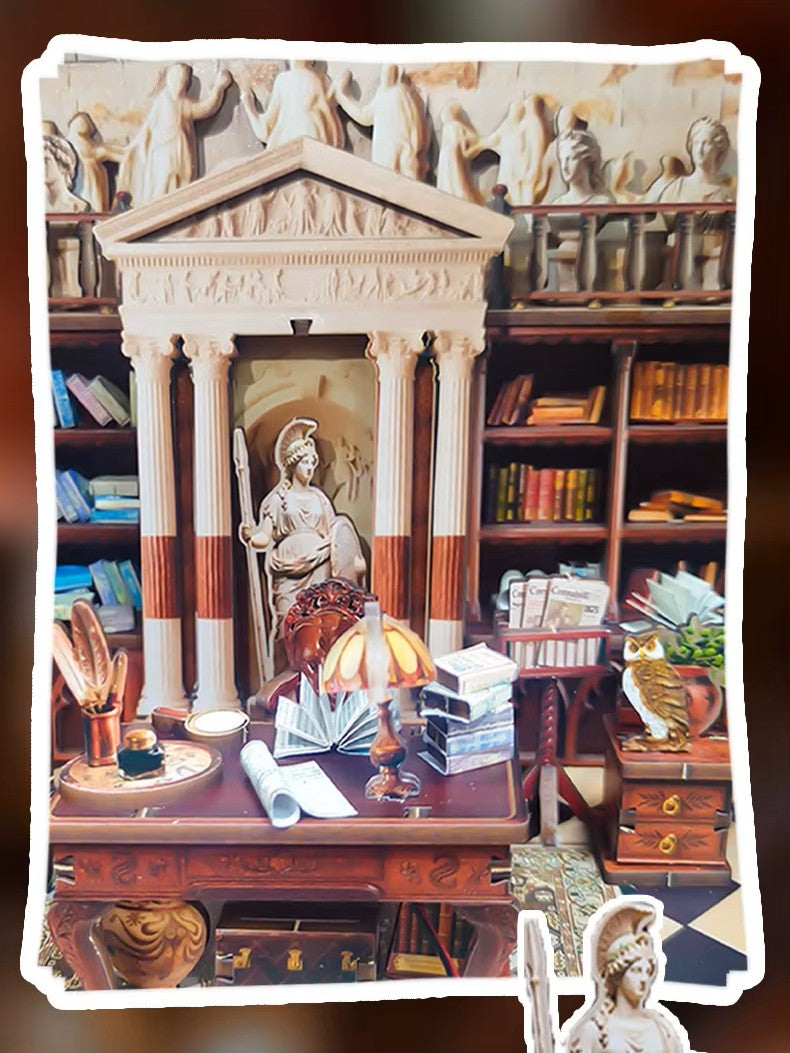 DIY miniature house kit styled as an Athenaeum library with classical columns, bookshelves, and warm lighting in an old-world study.