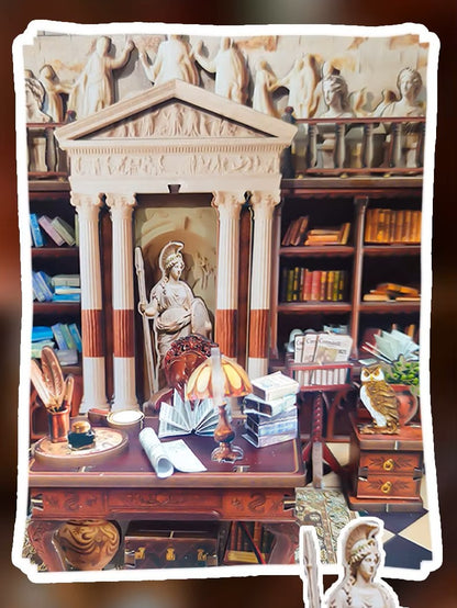 DIY miniature house kit styled as an Athenaeum library with classical columns, bookshelves, and warm lighting in an old-world study.