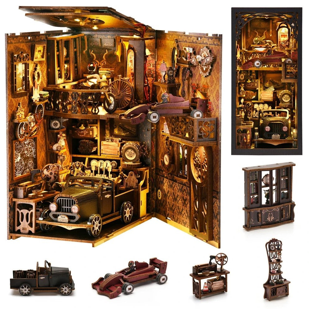 DIY vintage car book nook kit with a miniature retro scene, ideal for DIY and crafts lovers, scale‑model builders, and fans of making miniatures.