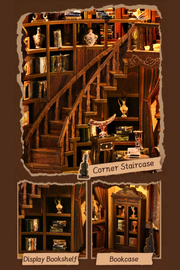 DIY book nook of an antique library scene with gothic-style arches, spiral stairs, a cozy reading nook, and glowing lamplight, styled in dark academia tones.