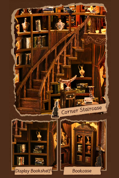 DIY book nook of an antique library scene with gothic-style arches, spiral stairs, a cozy reading nook, and glowing lamplight, styled in dark academia tones.
