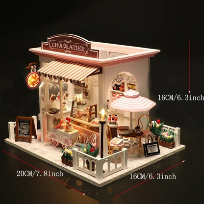 DIY miniature chocolate shop kit – a tiny dollhouse-style chocolatier with LED lights, perfect for book nook lovers, miniature mansion collectors, and fans of DIY crafts, miniatures, and small DIY houses.