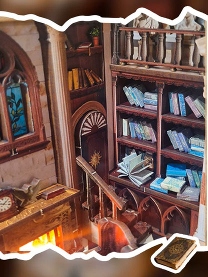 DIY miniature house kit styled as an Athenaeum library with classical columns, bookshelves, and warm lighting in an old-world study.