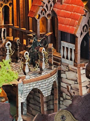 DIY fantasy book nook kit featuring a dragon-themed miniature valley with stone bridges, rooftops, and glowing landscape — ideal for miniature fans, DIY crafts, and book nook collectors.