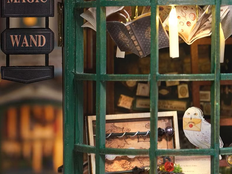 DIY miniature magic shop kit with tiny potions, spell books, glowing lights, and detailed scale model decor — perfect for miniature collectors, DIY crafts, and small DIY house lovers.