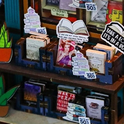 DIY book nook kit featuring a miniature bookstore with tiny books, shelves, cozy lighting, and vintage details — ideal for fans of miniatures, DIY crafts, scale models, and small DIY houses.