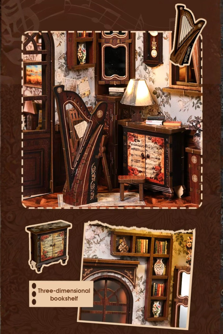 DIY miniature house with four connected scenes: a Victorian-style lounge, a hallway with a harp and bell, a floral piano practice room, and a richly decorated violin performance stage—each side forming a corner of a cube-shaped music-themed diorama.