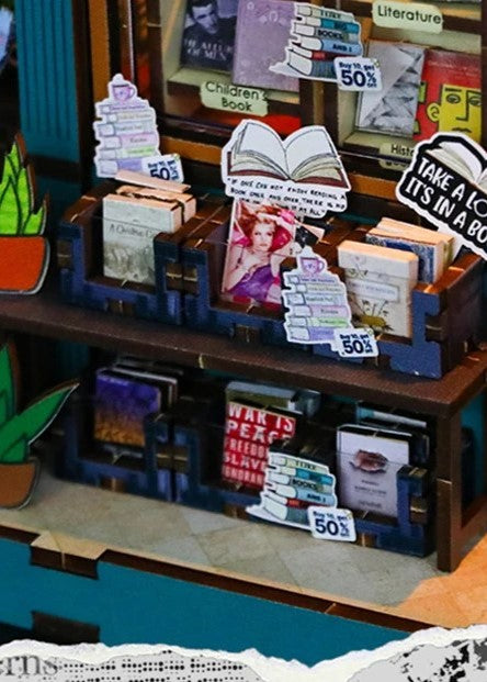 DIY book nook kit featuring a miniature bookstore with tiny books, shelves, cozy lighting, and vintage details — ideal for fans of miniatures, DIY crafts, scale models, and small DIY houses.
