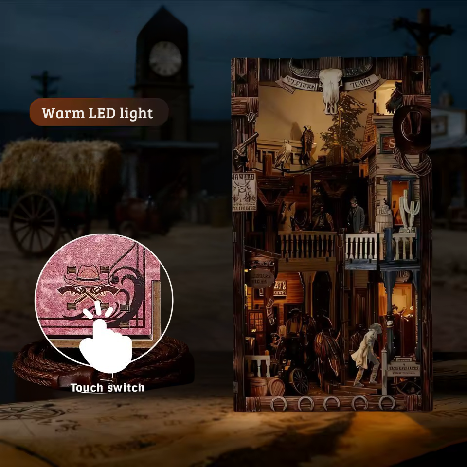 DIY miniature book nook of a Wild West street scene featuring a saloon façade with swinging doors, wooden signage, warm lantern lighting, and rustic storefront details, evoking a classic frontier town at dusk.