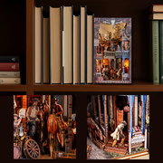 DIY miniature book nook of a Wild West street scene featuring a saloon façade with swinging doors, wooden signage, warm lantern lighting, and rustic storefront details, evoking a classic frontier town at dusk.