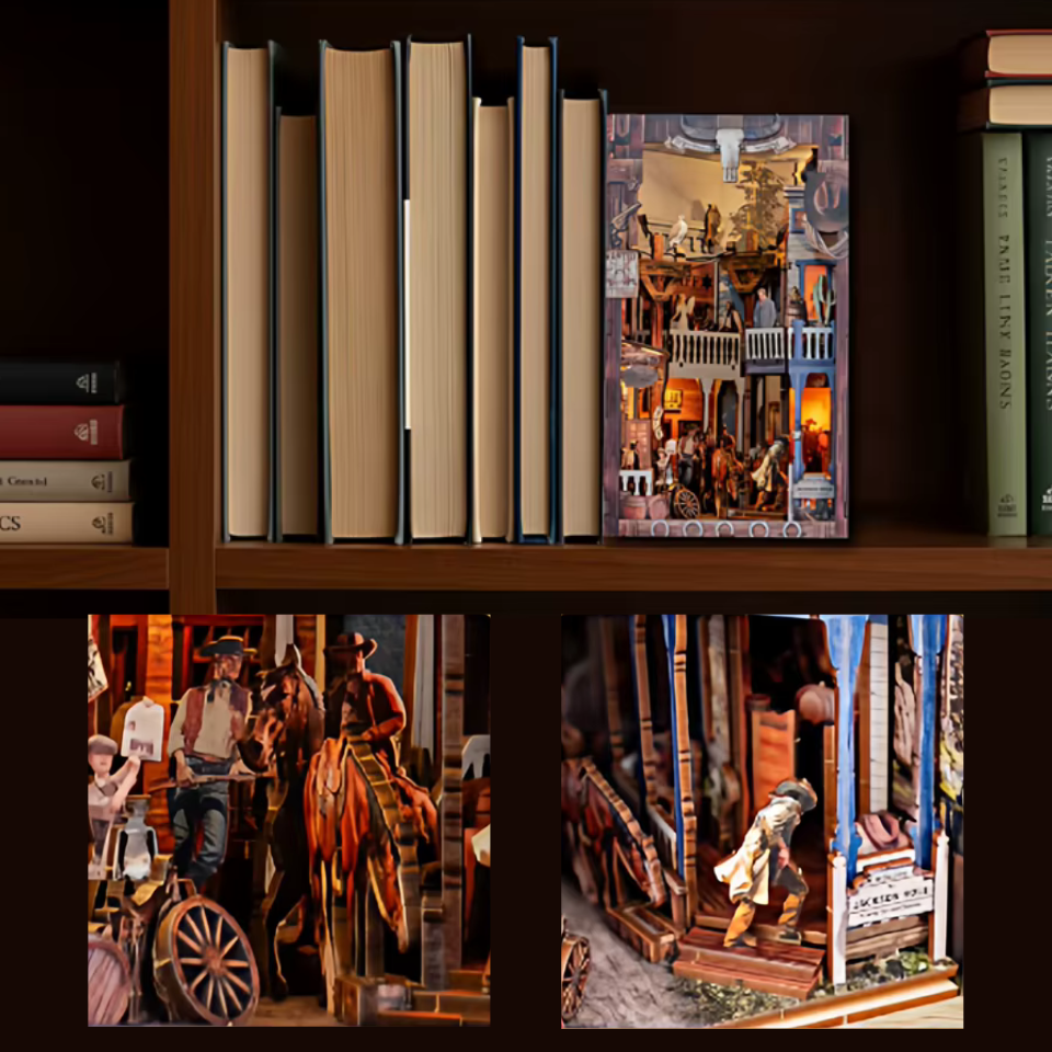 DIY miniature book nook of a Wild West street scene featuring a saloon façade with swinging doors, wooden signage, warm lantern lighting, and rustic storefront details, evoking a classic frontier town at dusk.