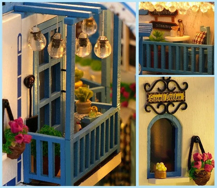 DIY and crafts lovers will enjoy this miniature book nook kit — a charming Mediterranean street scene that doubles as a bookshelf insert or home decor; perfect for craft ideas and making miniatures.