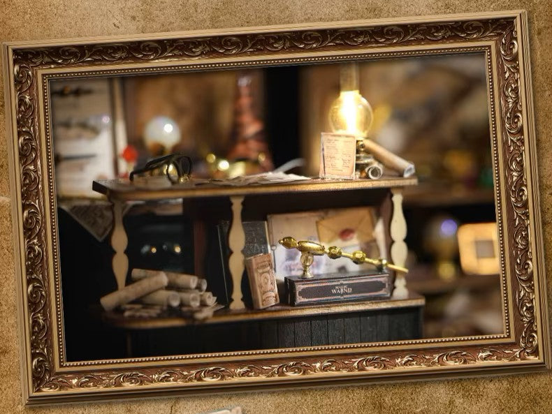 DIY miniature magic shop kit with tiny potions, spell books, glowing lights, and detailed scale model decor — perfect for miniature collectors, DIY crafts, and small DIY house lovers.