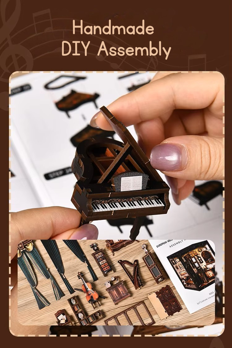 DIY miniature house with four connected scenes: a Victorian-style lounge, a hallway with a harp and bell, a floral piano practice room, and a richly decorated violin performance stage—each side forming a corner of a cube-shaped music-themed diorama.