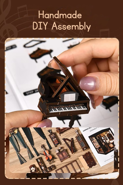 DIY miniature house with four connected scenes: a Victorian-style lounge, a hallway with a harp and bell, a floral piano practice room, and a richly decorated violin performance stage—each side forming a corner of a cube-shaped music-themed diorama.