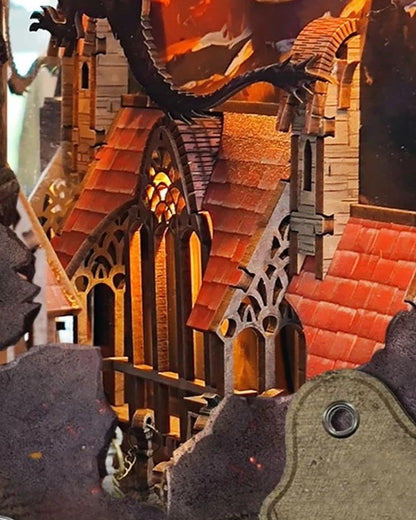 DIY fantasy book nook kit featuring a dragon-themed miniature valley with stone bridges, rooftops, and glowing landscape — ideal for miniature fans, DIY crafts, and book nook collectors.