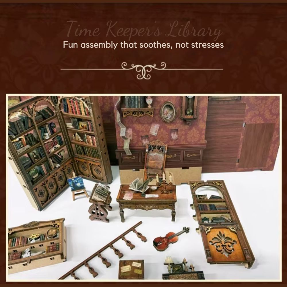 DIY book nook kit “Timekeeper’s Library,” featuring a charming home library with towering bookshelves, glowing lights, and a pendulum clock, An endearing DIY and crafts project for book nook collectors.