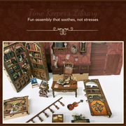 DIY book nook kit “Timekeeper’s Library,” featuring a charming home library with towering bookshelves, glowing lights, and a pendulum clock, An endearing DIY and crafts project for book nook collectors.