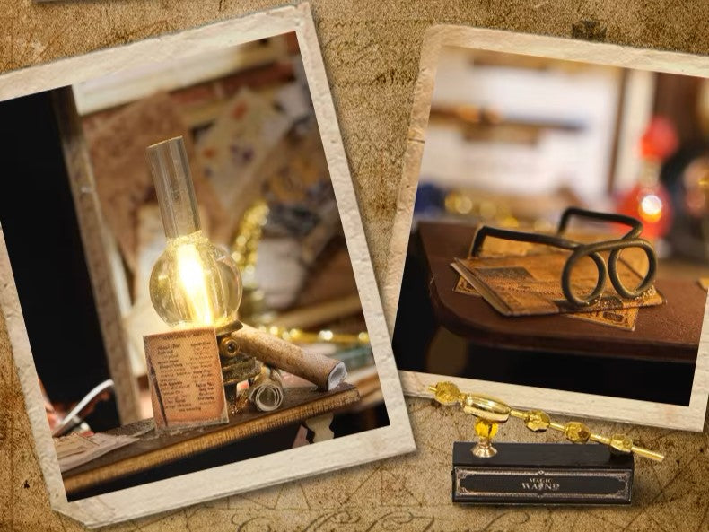 DIY miniature magic shop kit with tiny potions, spell books, glowing lights, and detailed scale model decor — perfect for miniature collectors, DIY crafts, and small DIY house lovers.