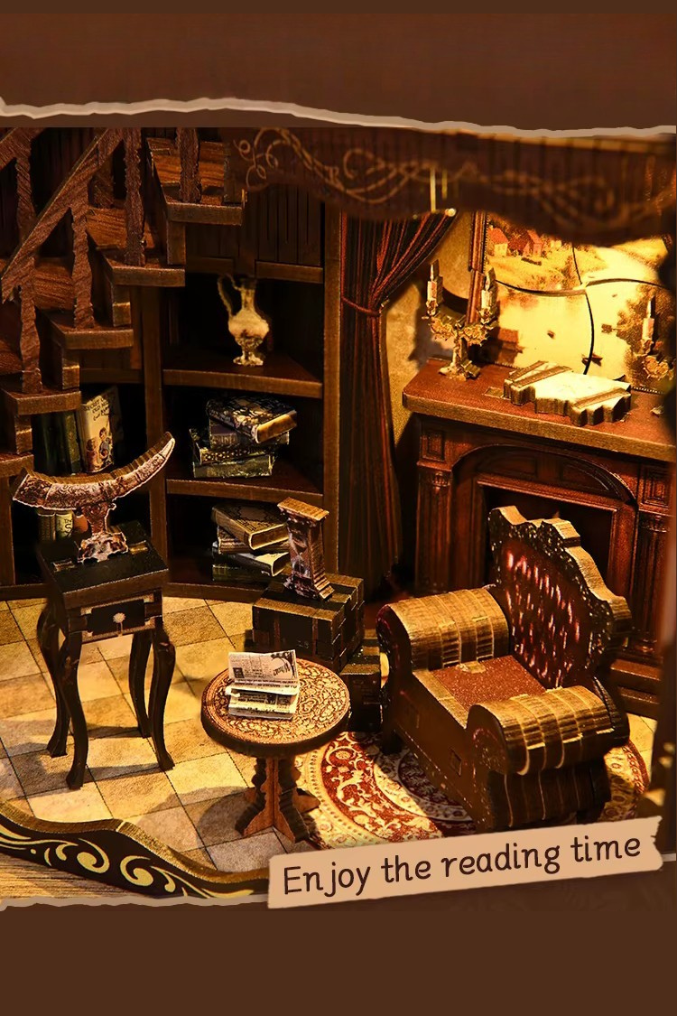 DIY book nook of an antique library scene with gothic-style arches, spiral stairs, a cozy reading nook, and glowing lamplight, styled in dark academia tones.