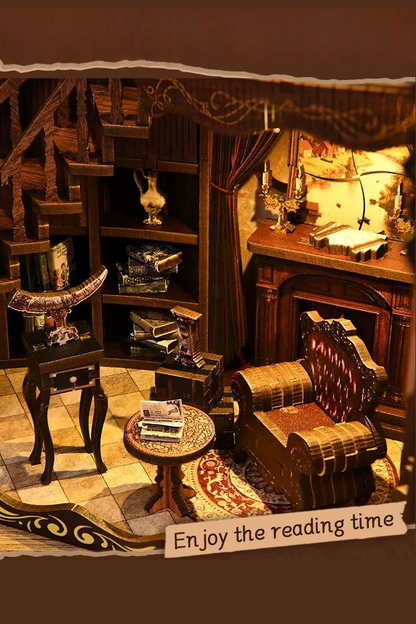 DIY book nook of an antique library scene with gothic-style arches, spiral stairs, a cozy reading nook, and glowing lamplight, styled in dark academia tones.