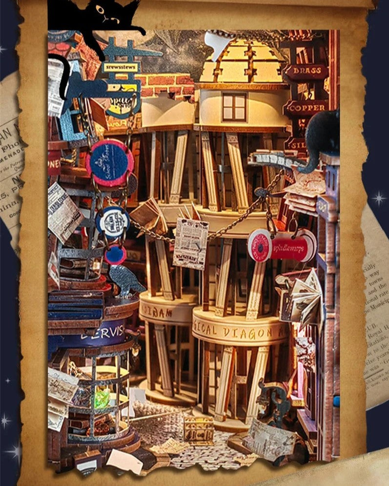 DIY Magic Night Alley book nook kit styled like a wizard’s alley, featuring magical props and glowing details — perfect for DIY and crafts, making miniatures, and book-lover gifts.