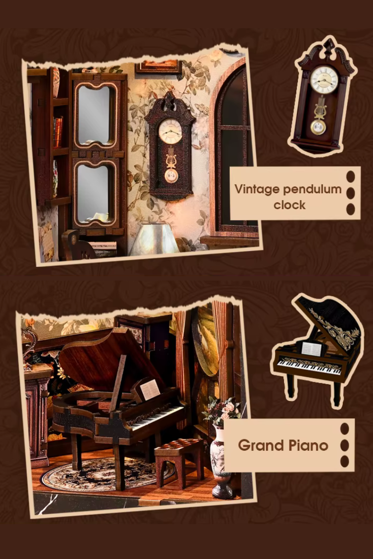 DIY miniature house with four connected scenes: a Victorian-style lounge, a hallway with a harp and bell, a floral piano practice room, and a richly decorated violin performance stage—each side forming a corner of a cube-shaped music-themed diorama.