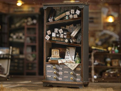 DIY miniature magic shop kit with tiny potions, spell books, glowing lights, and detailed scale model decor — perfect for miniature collectors, DIY crafts, and small DIY house lovers.