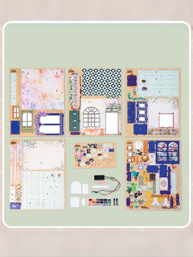 DIY book nook kit “Maison de Fleurs,” featuring a pastel-toned miniature flower shop with arched windows, blooming plants, stone accents, and romantic signage. A relaxing DIY and crafts project for fans of tiny dollhouses and garden-inspired scenes.