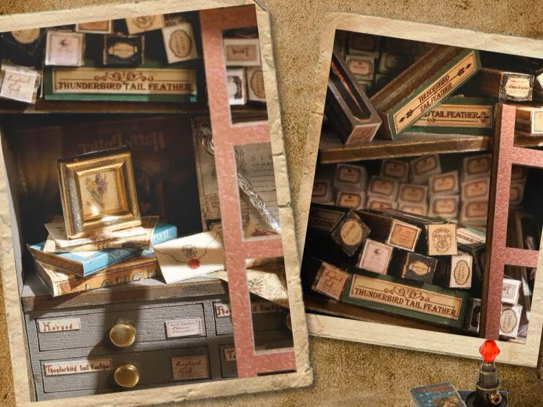 DIY miniature magic shop kit with tiny potions, spell books, glowing lights, and detailed scale model decor — perfect for miniature collectors, DIY crafts, and small DIY house lovers.