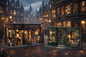 Two detailed fantasy miniature shops displayed side by side, featuring a magic-themed coffee shop and a glowing wizard shop.