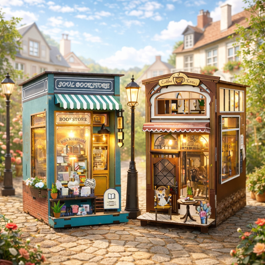 Miniature bookstore and café DIY kit bundle featuring a cozy teal bookshop and a warm brown coffee house displayed side by side on a charming street scene.