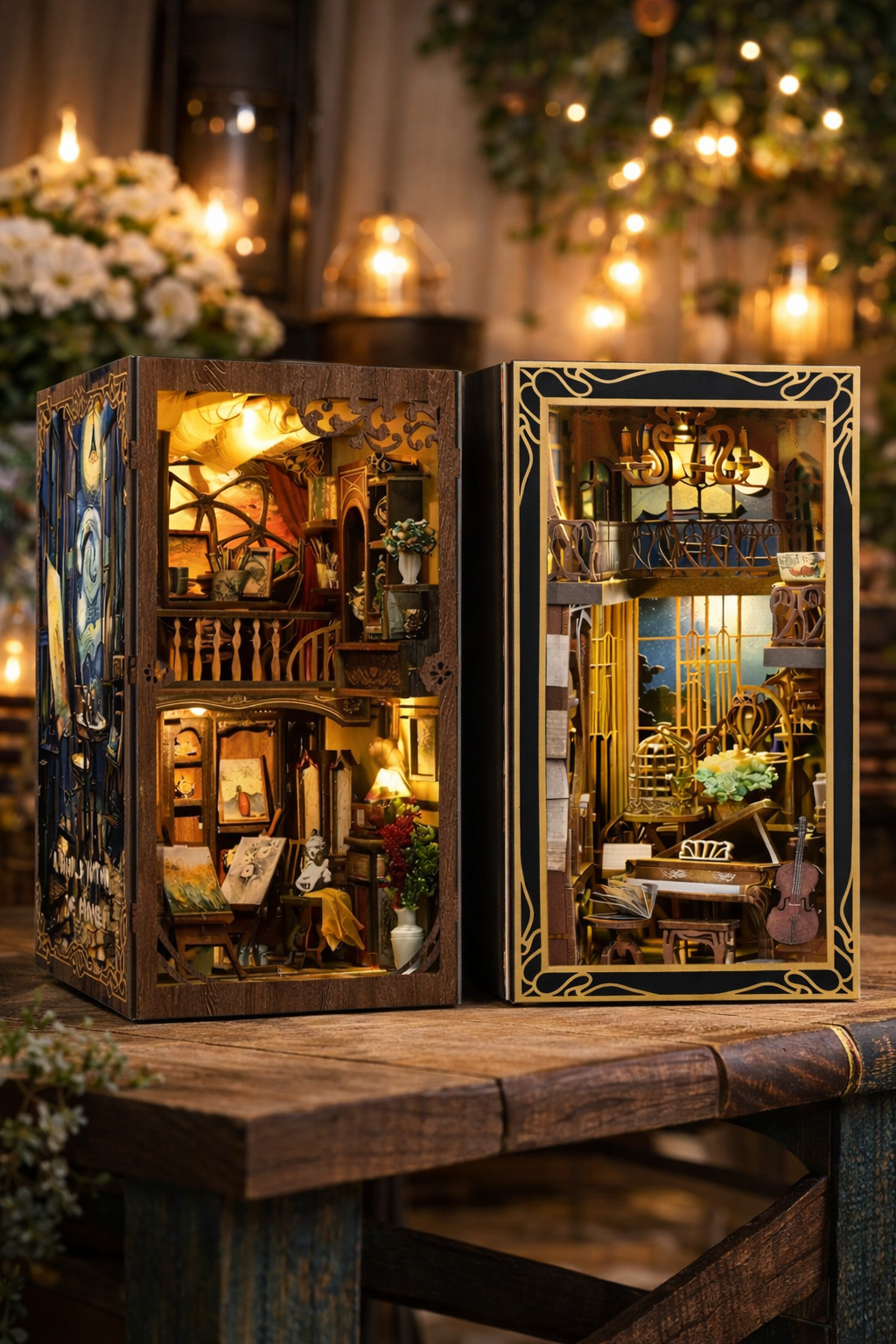 DIY book nook kit bundle showing two miniature studio scenes side by side, one featuring a music studio with instruments and seating, and the other an art studio with easels, paintings, and creative tools, both with detailed interiors and warm LED lighting.