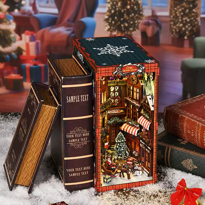 DIY book nook kit “Merry Market Lane,” featuring a warmly lit winter street with festive storefronts, snow-topped rooftops, and a softly bustling holiday vibe. A detailed DIY and crafts project perfect for holiday lovers and miniature collectors.