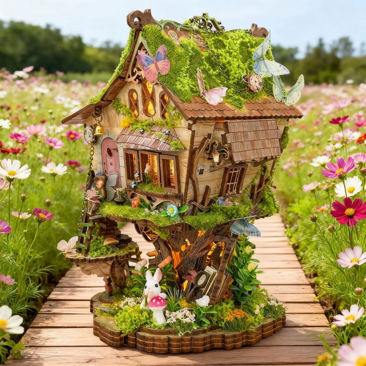 DIY mini house kit “Bramblebrook Treehouse,” featuring a whimsical forest treehouse with rope ladders, lanterns, miniature furniture, and leafy branches. A nature-inspired DIY and crafts project perfect for miniature lovers and woodland fantasy fans.