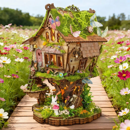 DIY mini house kit “Bramblebrook Treehouse,” featuring a whimsical forest treehouse with rope ladders, lanterns, miniature furniture, and leafy branches. A nature-inspired DIY and crafts project perfect for miniature lovers and woodland fantasy fans.