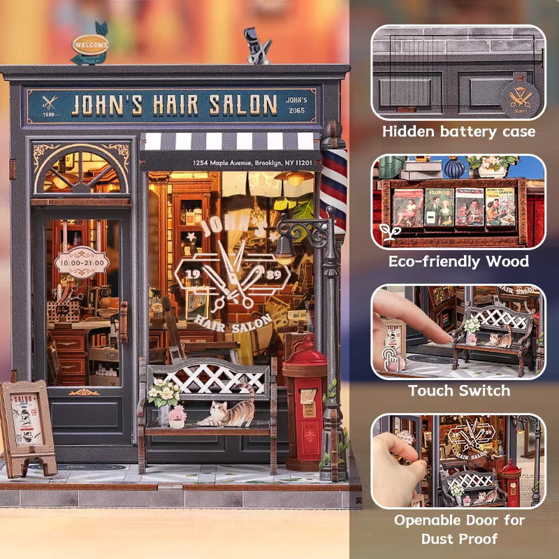 DIY book nook kit “Pomade Parlor,” featuring a vintage barbershop and hair salon interior with red chairs, mirrors, wooden shelves, and miniature grooming tools. A nostalgic DIY and crafts project for fans of retro style, miniatures, and classic salon design.