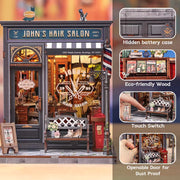 DIY book nook kit “Pomade Parlor,” featuring a vintage barbershop and hair salon interior with red chairs, mirrors, wooden shelves, and miniature grooming tools. A nostalgic DIY and crafts project for fans of retro style, miniatures, and classic salon design.