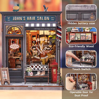 DIY book nook kit “Pomade Parlor,” featuring a vintage barbershop and hair salon interior with red chairs, mirrors, wooden shelves, and miniature grooming tools. A nostalgic DIY and crafts project for fans of retro style, miniatures, and classic salon design.