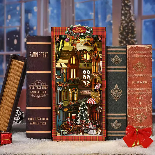 DIY book nook kit “Merry Market Lane,” featuring a warmly lit winter street with festive storefronts, snow-topped rooftops, and a softly bustling holiday vibe. A detailed DIY and crafts project perfect for holiday lovers and miniature collectors.