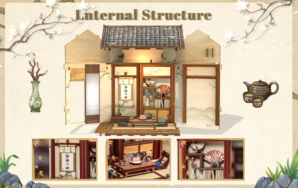 DIY book nook kit “Japanese Tea House,” featuring a glowing miniature tea room with shoji doors, bonsai, a tea set, and touch-sensitive light switch. A peaceful craft for DIY and crafts lovers and fans of traditional Japanese miniatures.
