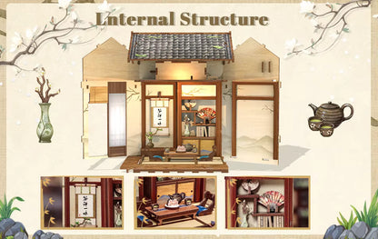 DIY book nook kit “Japanese Tea House,” featuring a glowing miniature tea room with shoji doors, bonsai, a tea set, and touch-sensitive light switch. A peaceful craft for DIY and crafts lovers and fans of traditional Japanese miniatures.